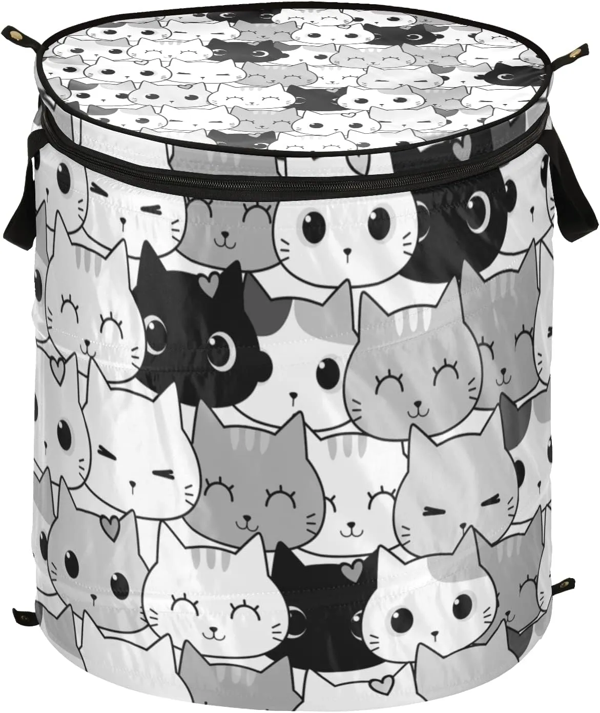 Poeticcity Seamless Black White Grey Doodle Cat Kitten Heads Animal Pets Pop Up Laundry Hamper, Collapsible Dirty Clothes Basket with Zipper Lid, Storage Bag Washing Bin for Room College Dorm Travel