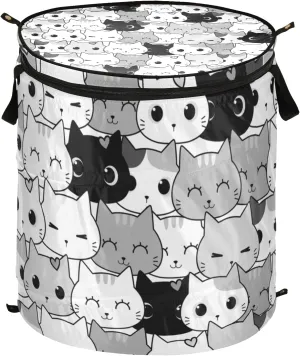 Poeticcity Seamless Black White Grey Doodle Cat Kitten Heads Animal Pets Pop Up Laundry Hamper, Collapsible Dirty Clothes Basket with Zipper Lid, Storage Bag Washing Bin for Room College Dorm Travel