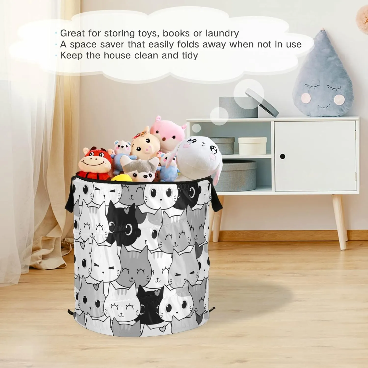 Poeticcity Seamless Black White Grey Doodle Cat Kitten Heads Animal Pets Pop Up Laundry Hamper, Collapsible Dirty Clothes Basket with Zipper Lid, Storage Bag Washing Bin for Room College Dorm Travel