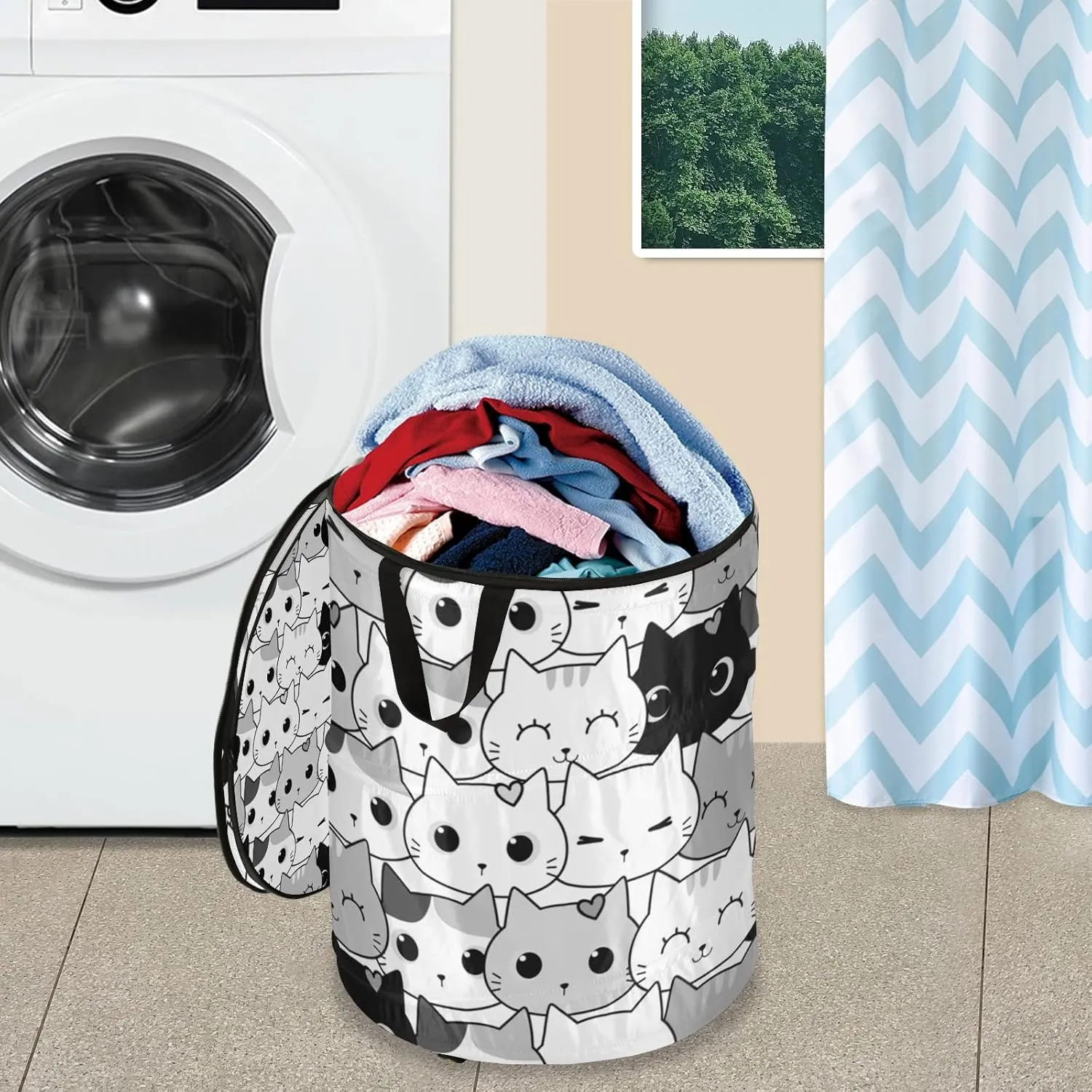 Poeticcity Seamless Black White Grey Doodle Cat Kitten Heads Animal Pets Pop Up Laundry Hamper, Collapsible Dirty Clothes Basket with Zipper Lid, Storage Bag Washing Bin for Room College Dorm Travel