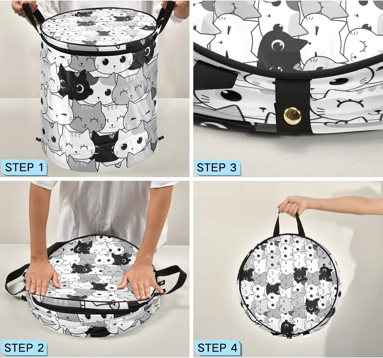 Poeticcity Seamless Black White Grey Doodle Cat Kitten Heads Animal Pets Pop Up Laundry Hamper, Collapsible Dirty Clothes Basket with Zipper Lid, Storage Bag Washing Bin for Room College Dorm Travel