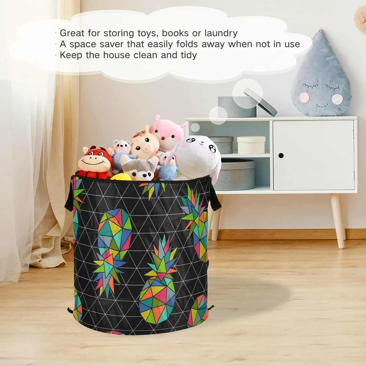 Poeticcity Seamless Colorful Geometric Pineapple on Dark Rhombus Lozenge Pop Up Laundry Hamper, Collapsible Dirty Clothes Basket with Zipper Lid, Storage Bag Washing Bin for Room College Dorm Travel