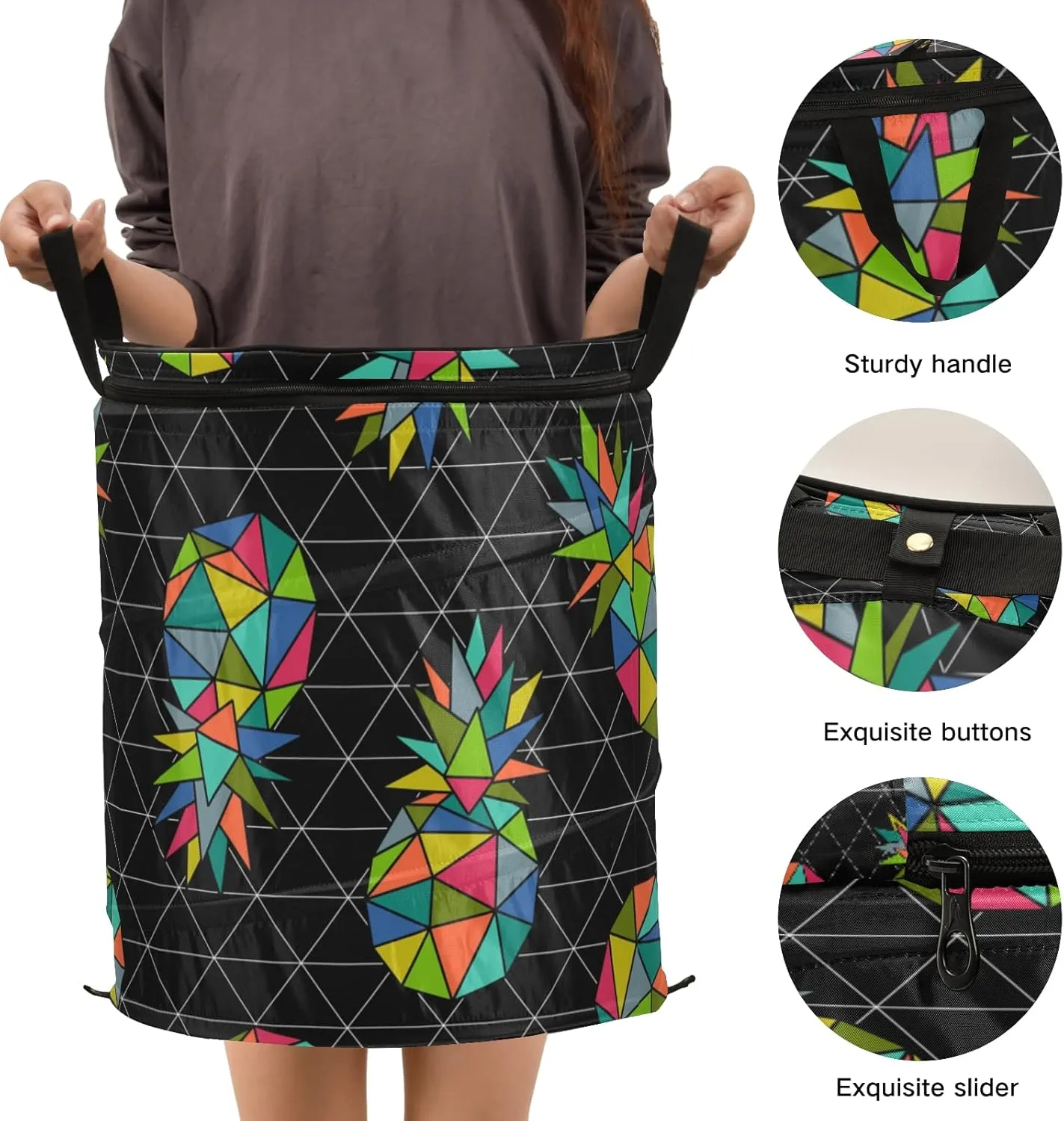 Poeticcity Seamless Colorful Geometric Pineapple on Dark Rhombus Lozenge Pop Up Laundry Hamper, Collapsible Dirty Clothes Basket with Zipper Lid, Storage Bag Washing Bin for Room College Dorm Travel