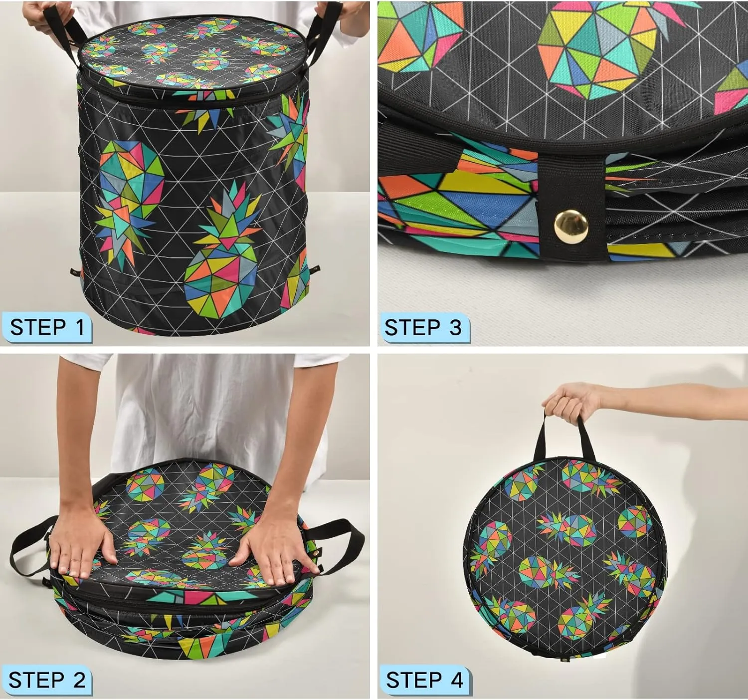 Poeticcity Seamless Colorful Geometric Pineapple on Dark Rhombus Lozenge Pop Up Laundry Hamper, Collapsible Dirty Clothes Basket with Zipper Lid, Storage Bag Washing Bin for Room College Dorm Travel