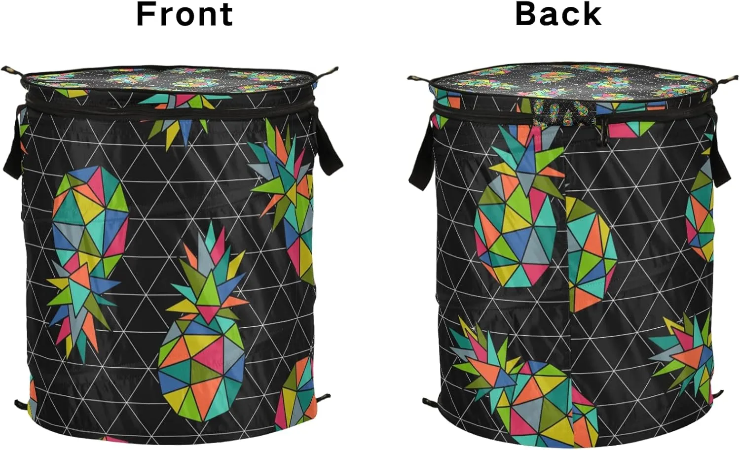 Poeticcity Seamless Colorful Geometric Pineapple on Dark Rhombus Lozenge Pop Up Laundry Hamper, Collapsible Dirty Clothes Basket with Zipper Lid, Storage Bag Washing Bin for Room College Dorm Travel