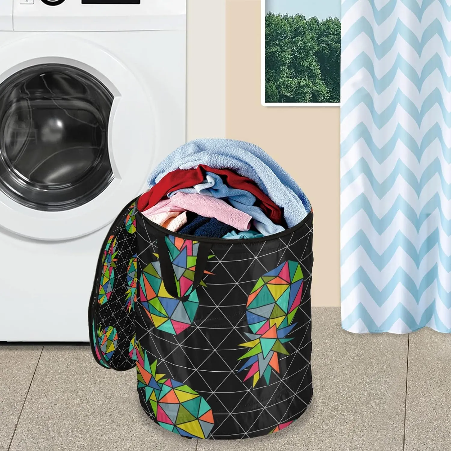 Poeticcity Seamless Colorful Geometric Pineapple on Dark Rhombus Lozenge Pop Up Laundry Hamper, Collapsible Dirty Clothes Basket with Zipper Lid, Storage Bag Washing Bin for Room College Dorm Travel