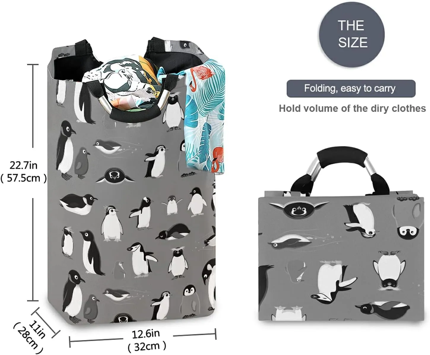 Poeticcity Various Cartoon Penguins Seamless Pattern on Grey Laundry Hamper Basket Bucket, Foldable Dirty Clothes Bag, Waterproof Fabric Washing Bin, Toy Storage with Handles for Bathroom