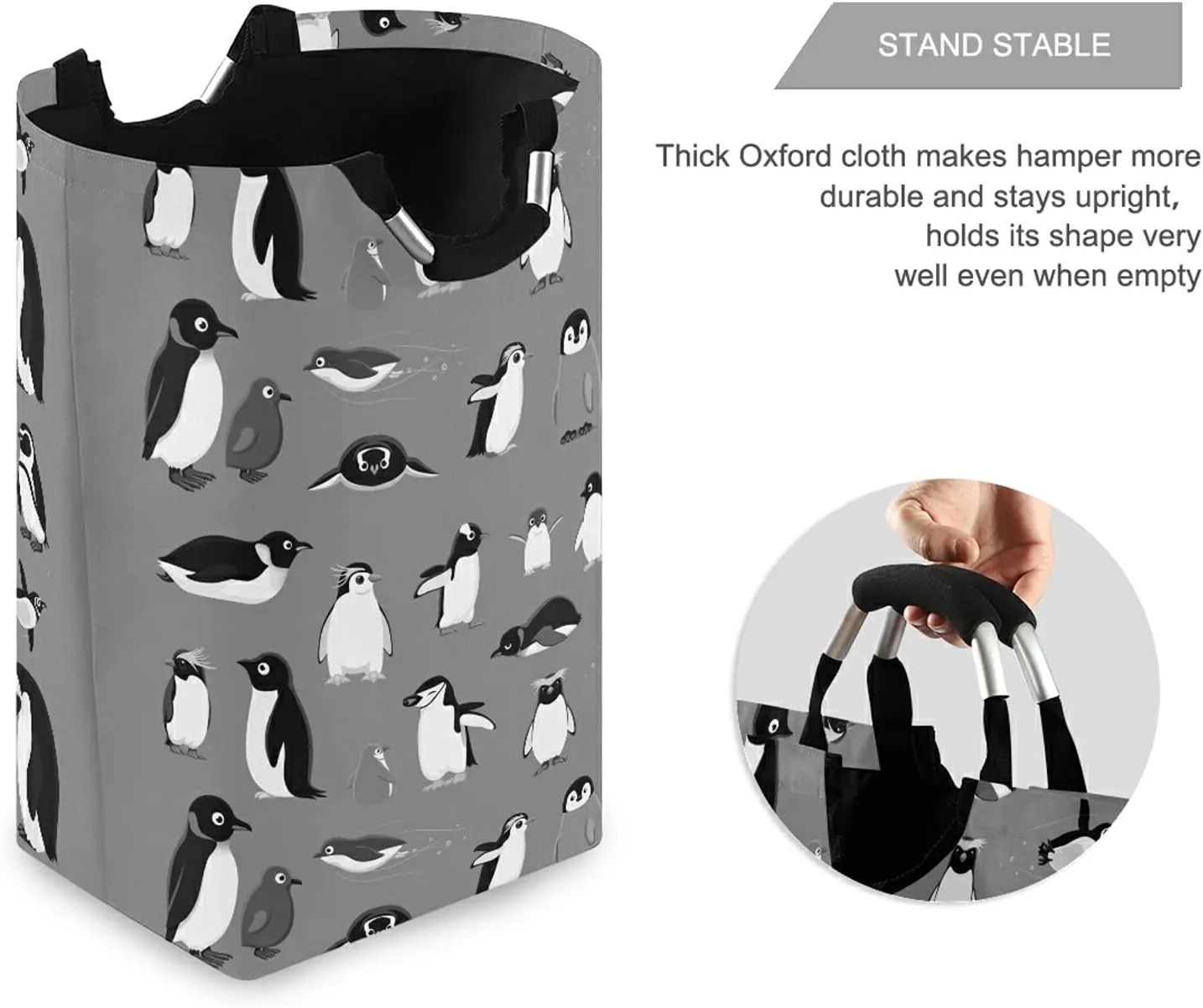 Poeticcity Various Cartoon Penguins Seamless Pattern on Grey Laundry Hamper Basket Bucket, Foldable Dirty Clothes Bag, Waterproof Fabric Washing Bin, Toy Storage with Handles for Bathroom