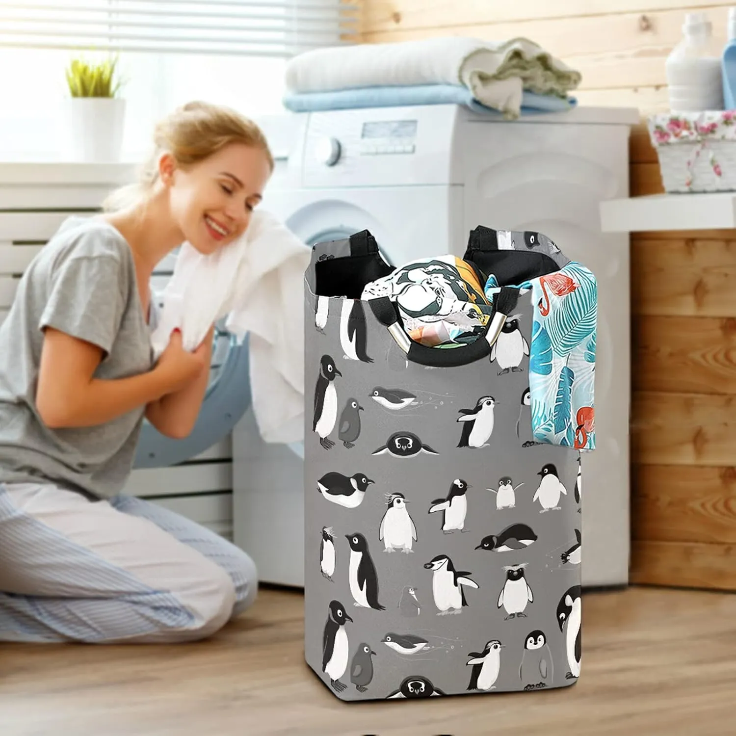 Poeticcity Various Cartoon Penguins Seamless Pattern on Grey Laundry Hamper Basket Bucket, Foldable Dirty Clothes Bag, Waterproof Fabric Washing Bin, Toy Storage with Handles for Bathroom