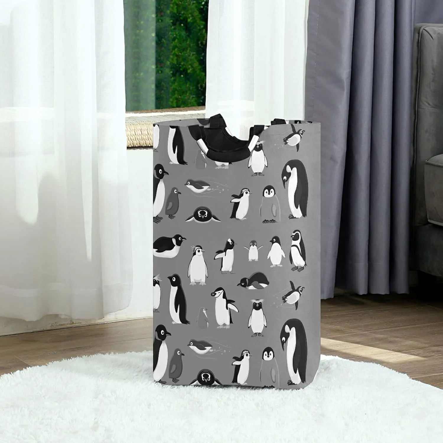 Poeticcity Various Cartoon Penguins Seamless Pattern on Grey Laundry Hamper Basket Bucket, Foldable Dirty Clothes Bag, Waterproof Fabric Washing Bin, Toy Storage with Handles for Bathroom