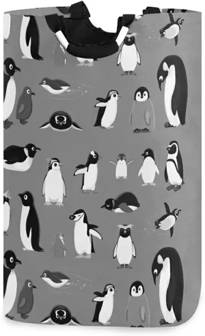 Poeticcity Various Cartoon Penguins Seamless Pattern on Grey Laundry Hamper Basket Bucket, Foldable Dirty Clothes Bag, Waterproof Fabric Washing Bin, Toy Storage with Handles for Bathroom