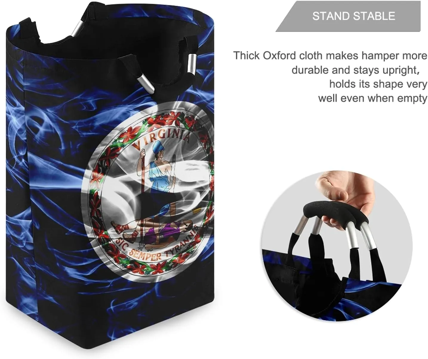 Poeticcity Virginia Flag Laundry Hamper Basket Bucket, Foldable Dirty Clothes Bag, Waterproof Fabric Washing Bin, Toy Storage with Handles for Bathroom Bedroom