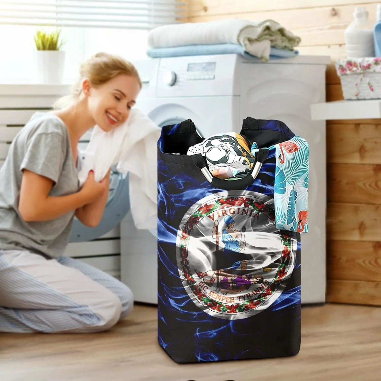 Poeticcity Virginia Flag Laundry Hamper Basket Bucket, Foldable Dirty Clothes Bag, Waterproof Fabric Washing Bin, Toy Storage with Handles for Bathroom Bedroom