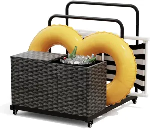 Pool Storage, Pool Float Storage Bin with Wheels, Waterproof Metal with Rattan Pattern Textured UV Print Outdoor Pool Towel Rack, All-Weather Float Storage Organizer for Cushions, Black