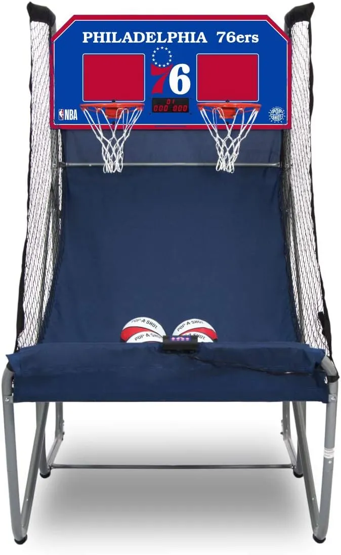 Pop-A-Shot - Home Dual Shot with Philadelphia 76ers NBA Graphics l Sensor Scoring l 16 Game Modes l 7 Balls l Foldable Storage l for All NBA Fans
