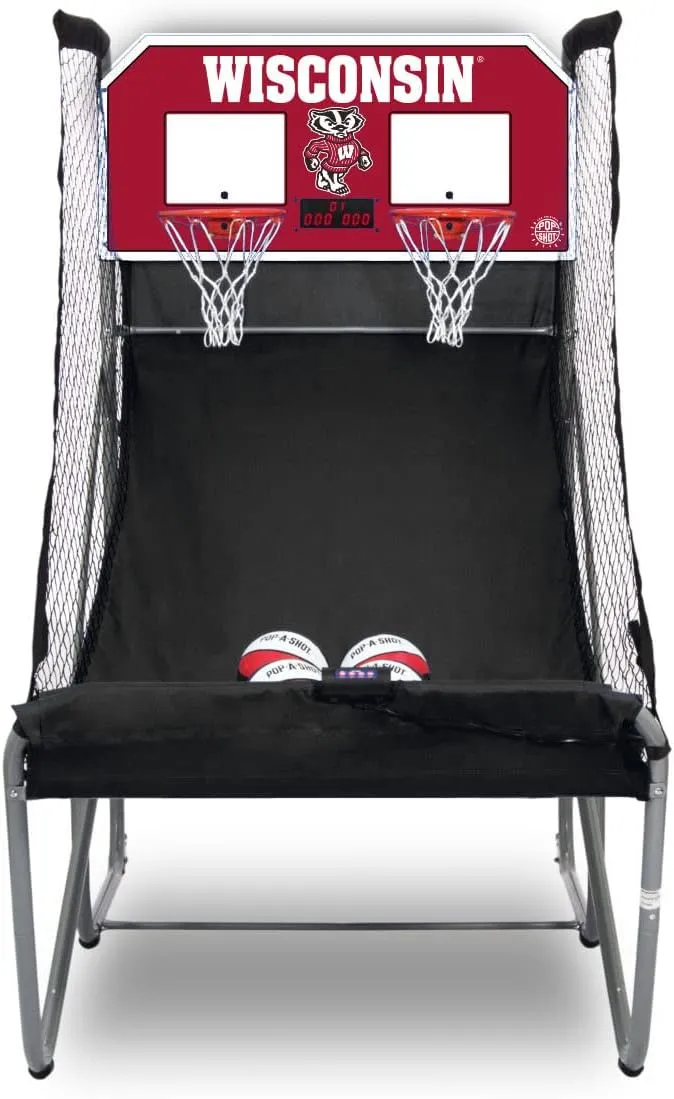 Pop-A-Shot - Home Dual Shot with Wisconsin Badgers NCAA Graphics l Sensor Scoring l 16 Game Modes l 7 Balls l Foldable Storage l for All NCAA Fans