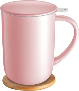 Porcelain Tea Mug with Infuser and Lid, Teaware with Filter and Coaster, Loose Leaf Tea Cup Steeper Maker, 16 OZ for Tea/Coffee/Milk/Women/Office/Home/Gift (Pink)
