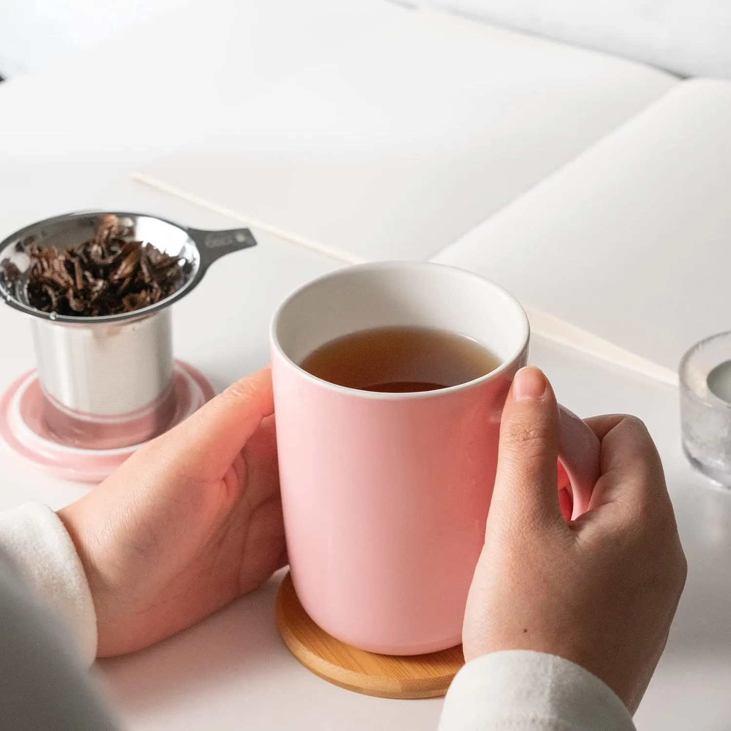 Porcelain Tea Mug with Infuser and Lid, Teaware with Filter and Coaster, Loose Leaf Tea Cup Steeper Maker, 16 OZ for Tea/Coffee/Milk/Women/Office/Home/Gift (Pink)