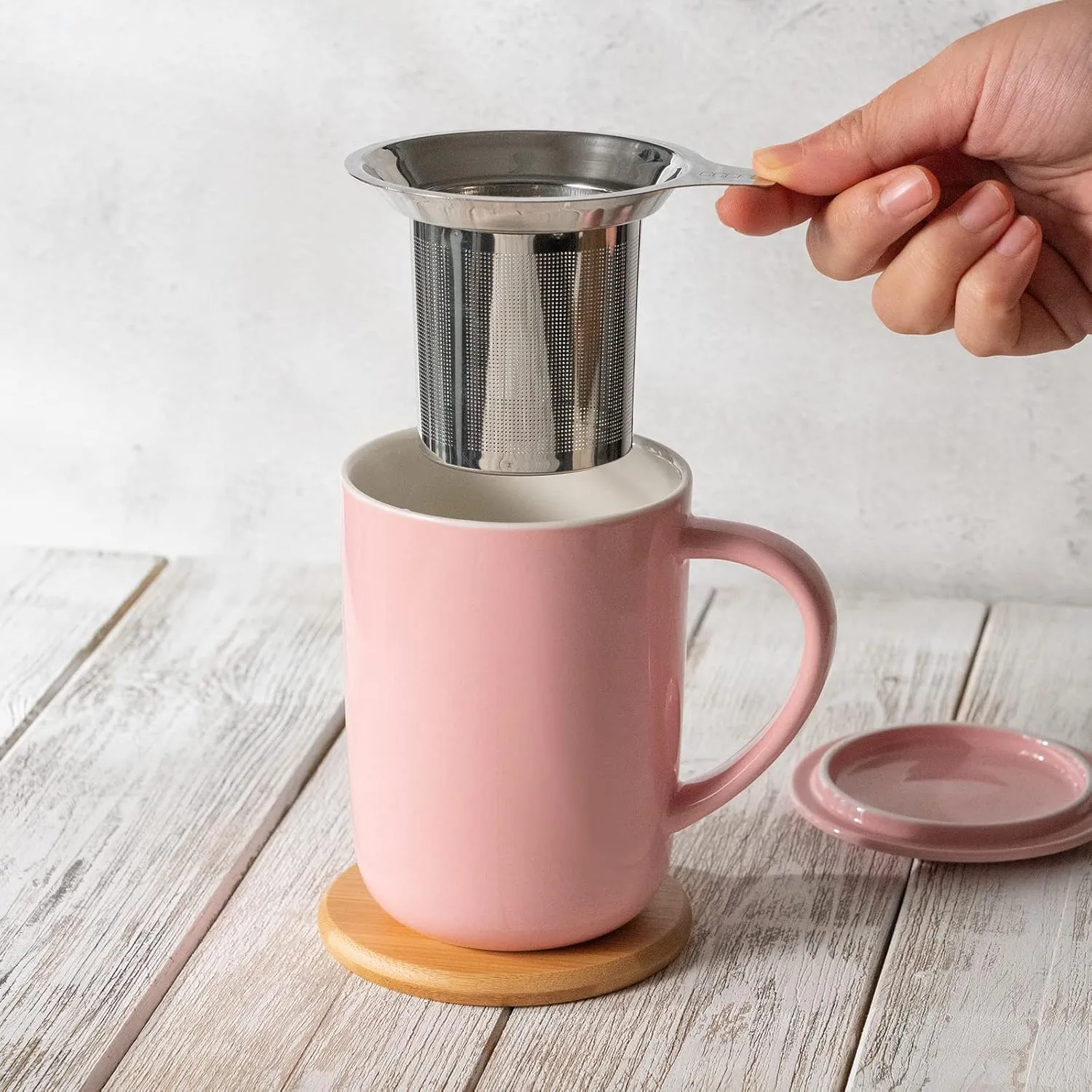 Porcelain Tea Mug with Infuser and Lid, Teaware with Filter and Coaster, Loose Leaf Tea Cup Steeper Maker, 16 OZ for Tea/Coffee/Milk/Women/Office/Home/Gift (Pink)