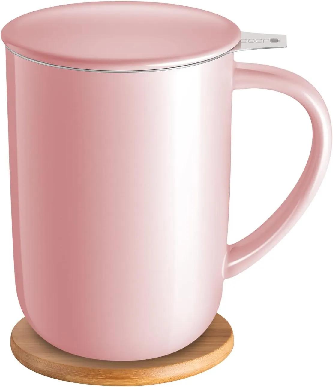 Porcelain Tea Mug with Infuser and Lid, Teaware with Filter and Coaster, Loose Leaf Tea Cup Steeper Maker, 16 OZ for Tea/Coffee/Milk/Women/Office/Home/Gift (Pink)