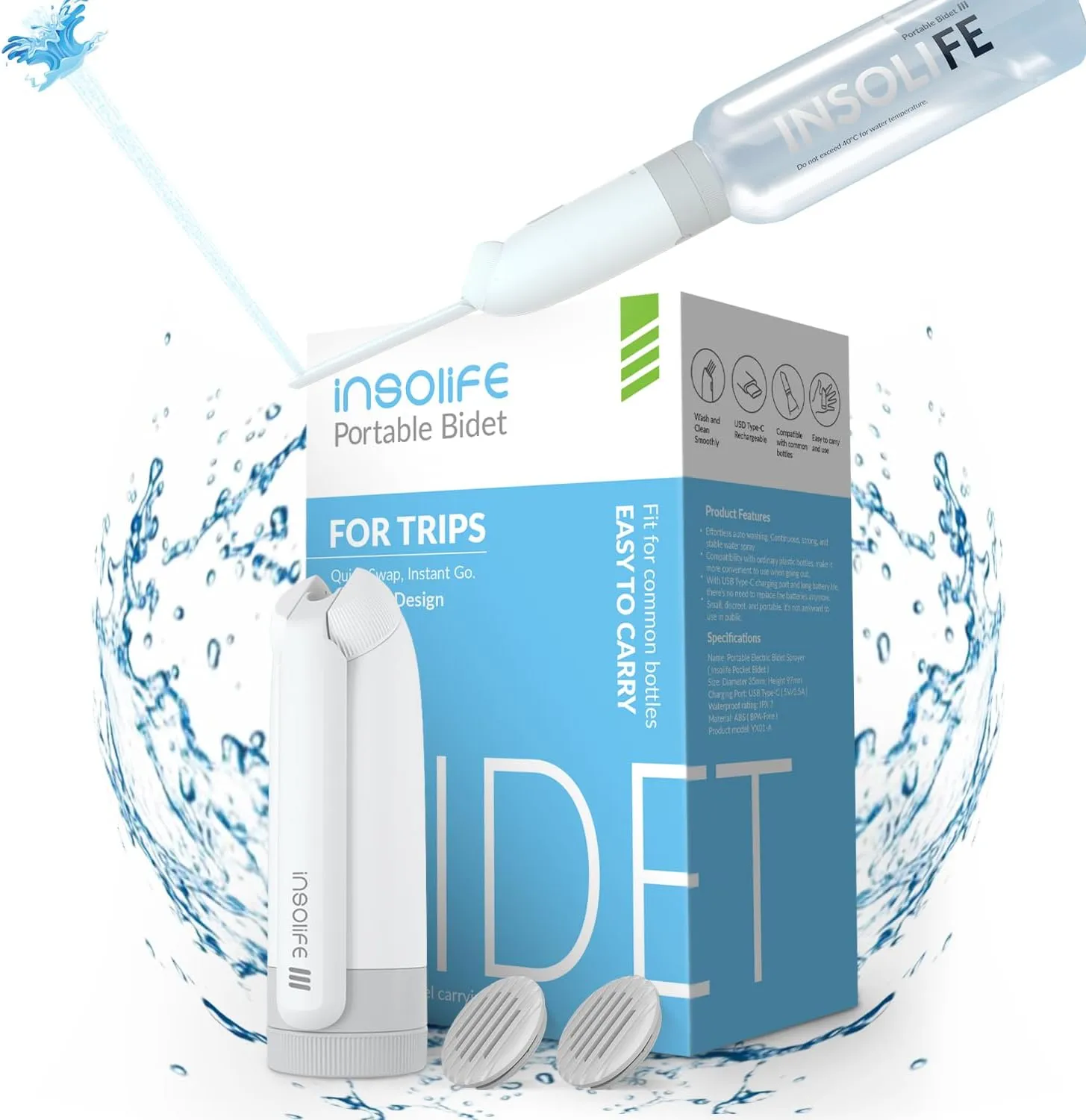 Portable Bidet | High Pressure | Travel Bidets with 2 Different Nozzle | Rechargeable Electric Portable Bidet for Men & Women | Portable Bidets for Travel
