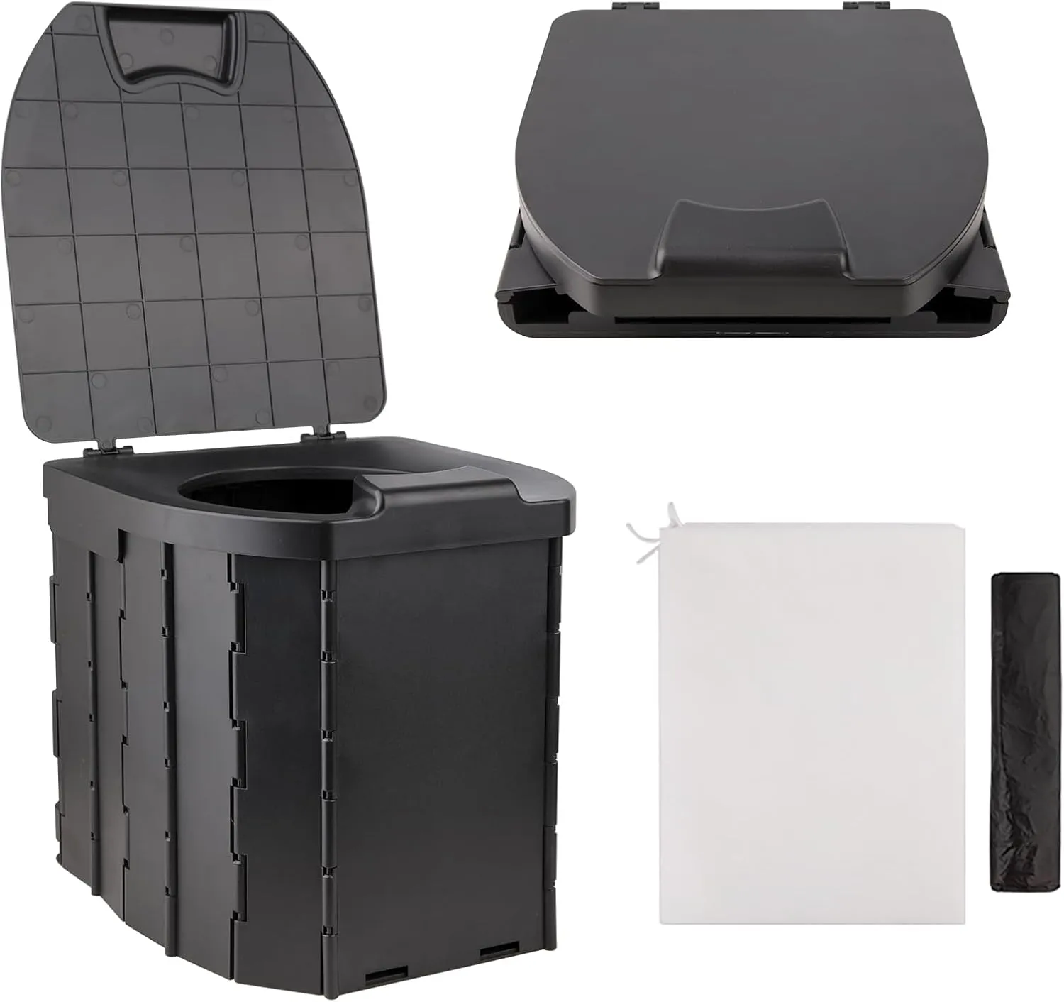 Portable Camping Toilet for Adults, Foldable Toilet with Lid, Travel Toilet for Cars, with Trash Bags and Storage Bag (Black)