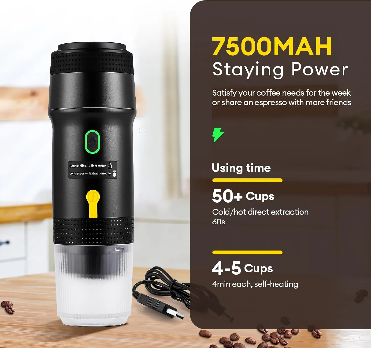 Portable Coffee Maker for Travel, 20 Bar Portable Espresso Machine with USB,3-In-1 Travel Coffee Maker Self-Heating, Compatible with Ground Coffee & Capsule for Hiking,Office,RV（Upgrade）