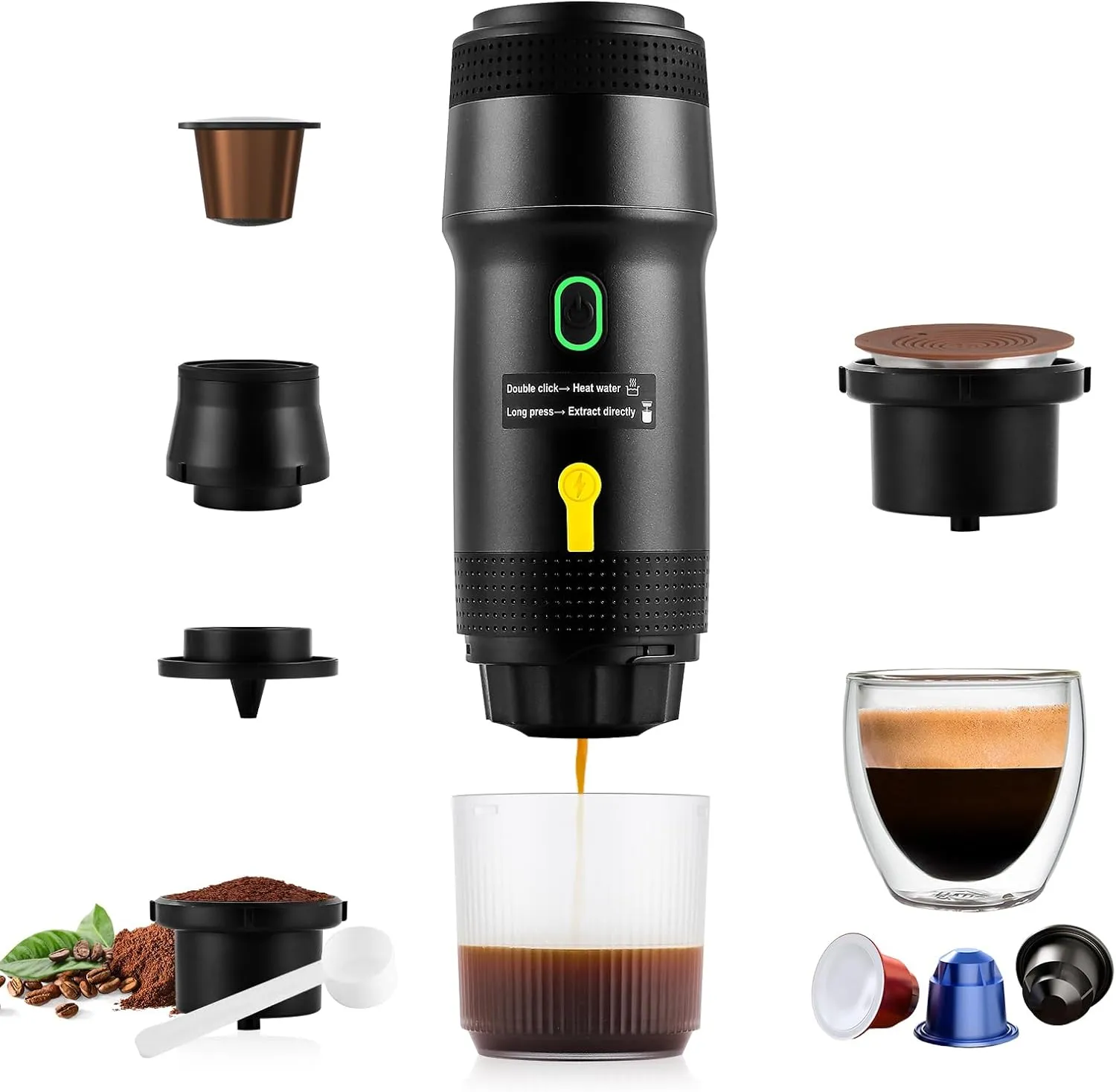 Portable Coffee Maker for Travel, 20 Bar Portable Espresso Machine with USB,3-In-1 Travel Coffee Maker Self-Heating, Compatible with Ground Coffee & Capsule for Hiking,Office,RV（Upgrade）