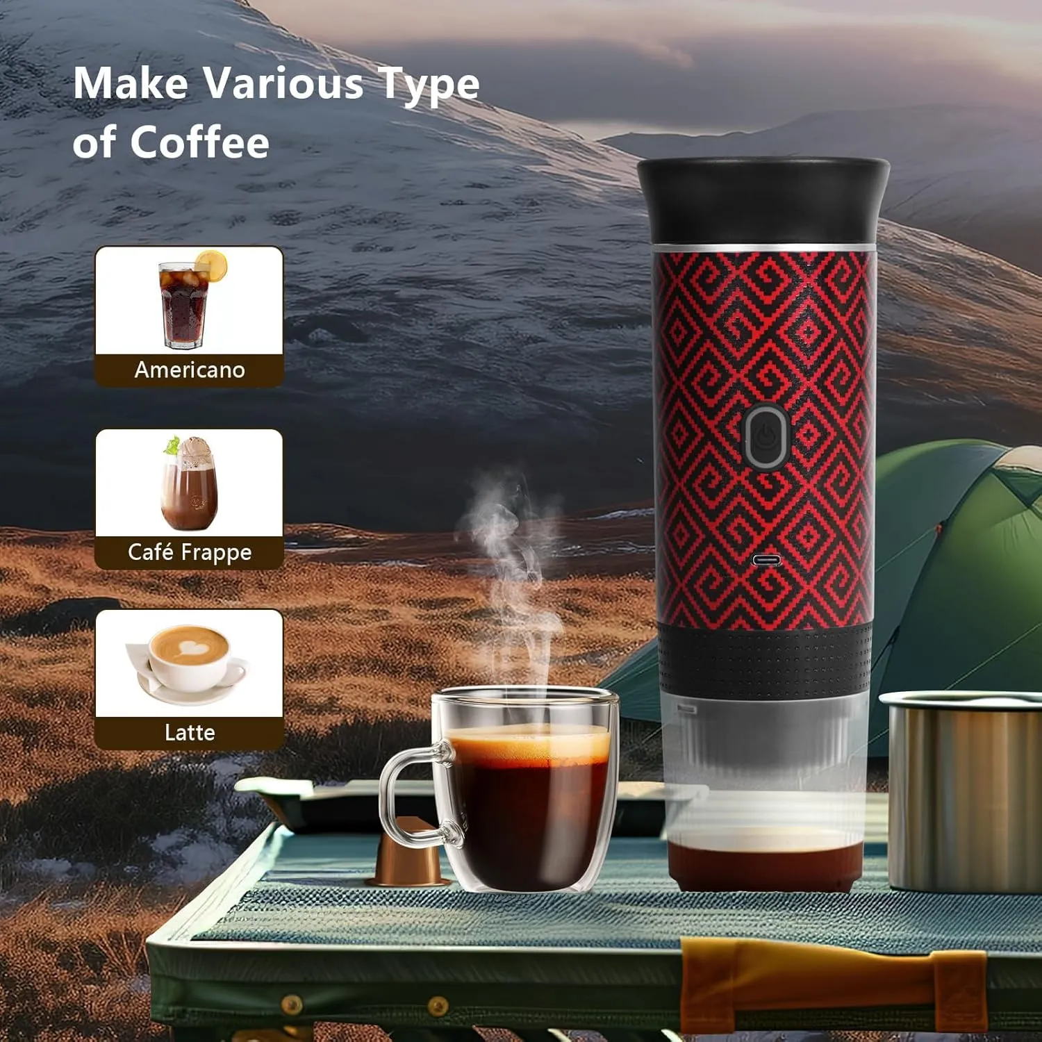 Portable Coffee Maker for Travel, Battery Powered Portable Electric Espresso Machine for Camping, Rechargeable Coffee Maker Self Heating with Ground Coffee & Capsule for RV, Hiking (Red mix Black)