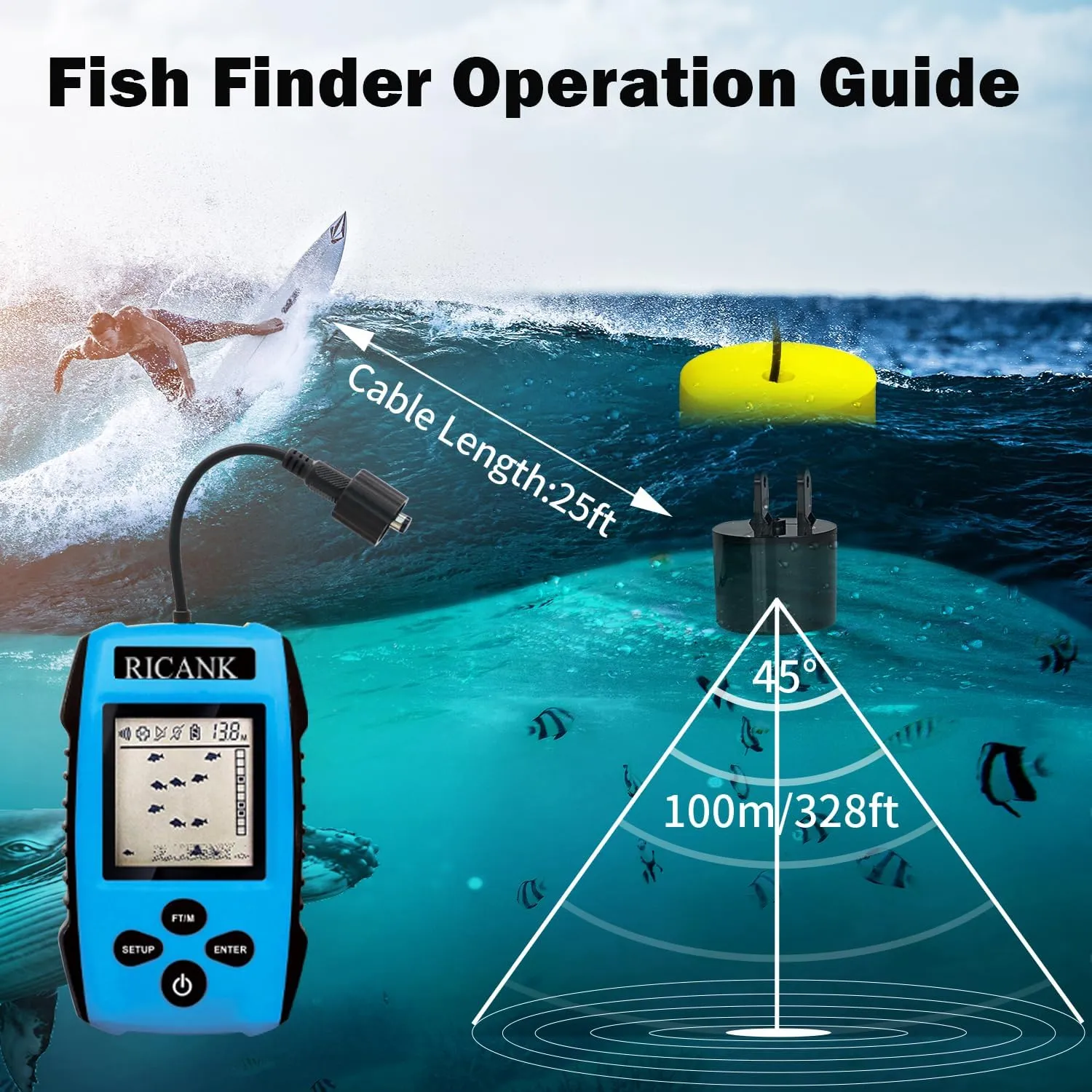 Portable Fish Finder, Handheld Fish Depth Finder Contour Readout Fishfinder Ice Kayak Shore Boat Fishing Fish Detector Device with Sonar Sensor Transducer and LCD Display Gear Fish Depth Finder