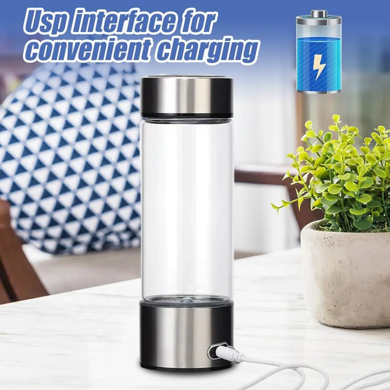 Portable Hydrogen Water Bottle, Rechargeable Hydrogen Water Machine Generator Hydrogenated Water Bottle 420ml for Home Office Travel(Blue)