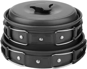 Portable Outdoor Travel Camping Cookware Set, Aluminum Alloy Pot Frying Pan, Lightweight with Insulated Foldable Handle, Easy to, Small & Portable, Mesh Bag Included, For (Black