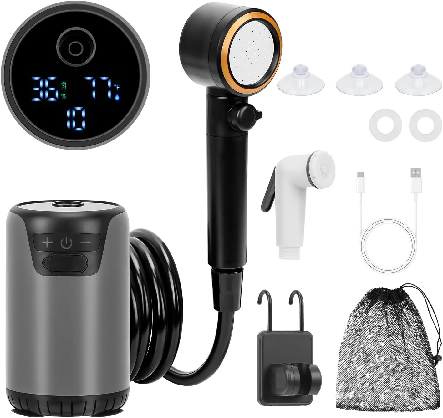 Portable Shower for Camping, 8000mAh Rechargeable Camping Shower Pump with LED Display & IPX8 Waterproof - High Pressure Electric Outdoor Shower for Hiking, Car Wash, Pet Bath, RV, Boat