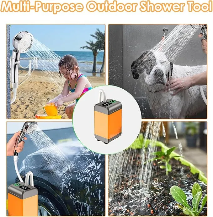 Portable Shower for Camping, Rechargeable Outdoor Electric Shower Pump with Intelligent Digital Display, 12V Handheld High Water Pressure Camping Shower Head for Camping, Hiking, Car Washing