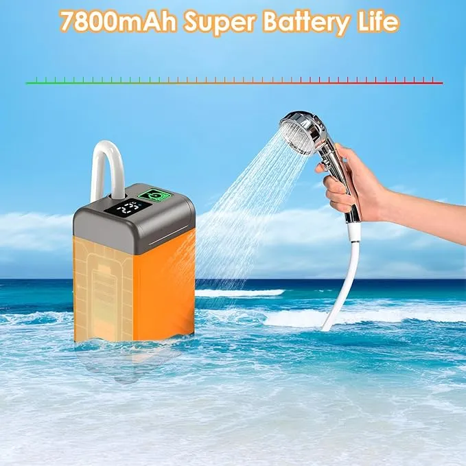 Portable Shower for Camping, Rechargeable Outdoor Electric Shower Pump with Intelligent Digital Display, 12V Handheld High Water Pressure Camping Shower Head for Camping, Hiking, Car Washing