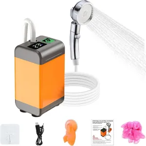 Portable Shower for Camping, Rechargeable Outdoor Electric Shower Pump with Intelligent Digital Display, 12V Handheld High Water Pressure Camping Shower Head for Camping, Hiking, Car Washing