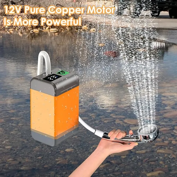 Portable Shower for Camping, Rechargeable Outdoor Electric Shower Pump with Intelligent Digital Display, 12V Handheld High Water Pressure Camping Shower Head for Camping, Hiking, Car Washing