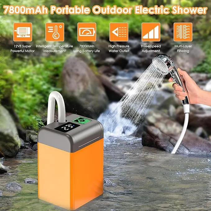 Portable Shower for Camping, Rechargeable Outdoor Electric Shower Pump with Intelligent Digital Display, 12V Handheld High Water Pressure Camping Shower Head for Camping, Hiking, Car Washing