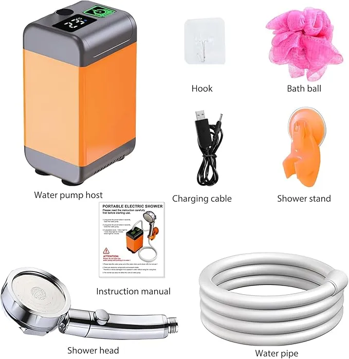 Portable Shower for Camping, Rechargeable Outdoor Electric Shower Pump with Intelligent Digital Display, 12V Handheld High Water Pressure Camping Shower Head for Camping, Hiking, Car Washing