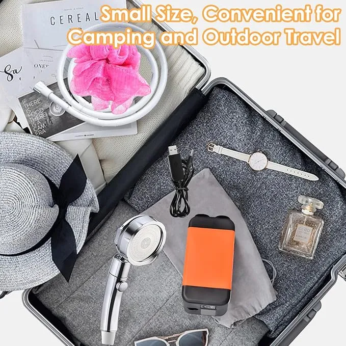 Portable Shower for Camping, Rechargeable Outdoor Electric Shower Pump with Intelligent Digital Display, 12V Handheld High Water Pressure Camping Shower Head for Camping, Hiking, Car Washing