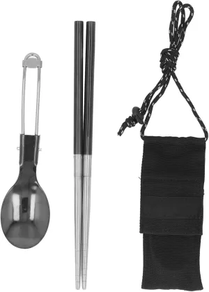 Portable Stainless Steel Camping Spoon and Chopstick Set, Foldable Spoon, Detachable Chopsticks, Storage Bag, Easy to Carry for Travel, Camping, Picnic