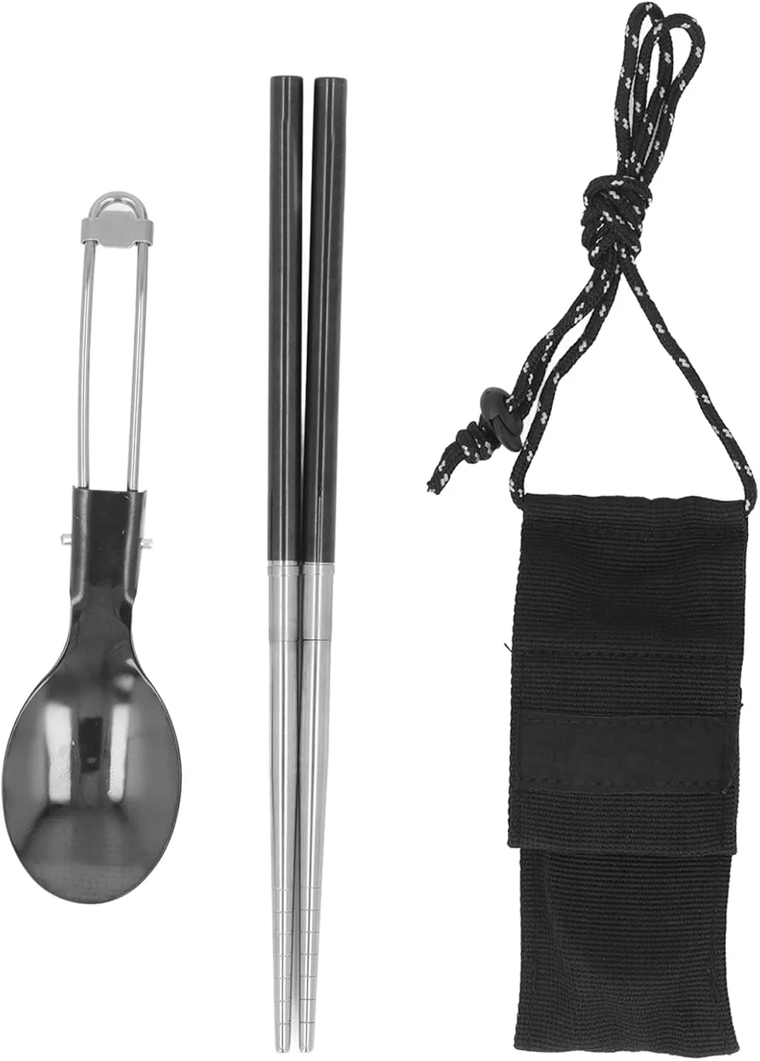 Portable Stainless Steel Camping Spoon and Chopstick Set, Foldable Spoon, Detachable Chopsticks, Storage Bag, Easy to Carry for Travel, Camping, Picnic
