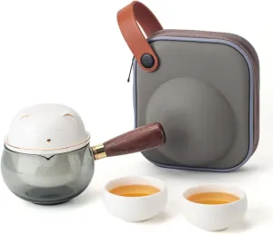 Portable Teapot Tea Set, Travel Ceramic Kungfu Tea for One Set, A Minimalist Cute Look Detachable Side-handle Tea Pot with 2 cup for Tea Lovers Home Hotel Office Outdoor Picnic (White)