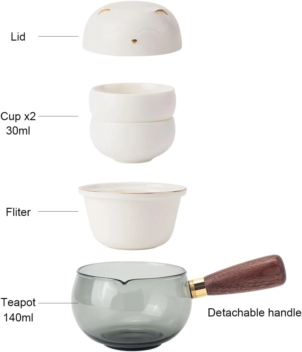Portable Teapot Tea Set, Travel Ceramic Kungfu Tea for One Set, A Minimalist Cute Look Detachable Side-handle Tea Pot with 2 cup for Tea Lovers Home Hotel Office Outdoor Picnic (White)