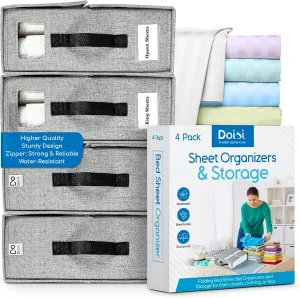 Premium 4 pack Bed Sheet Organizers and Storage – Sturdy Sheets Organizer for Linen Closet – Durable Bedsheet Organizers with Resistant Zipper – Sheet Storage Organizer for King & Queen Sheet Set