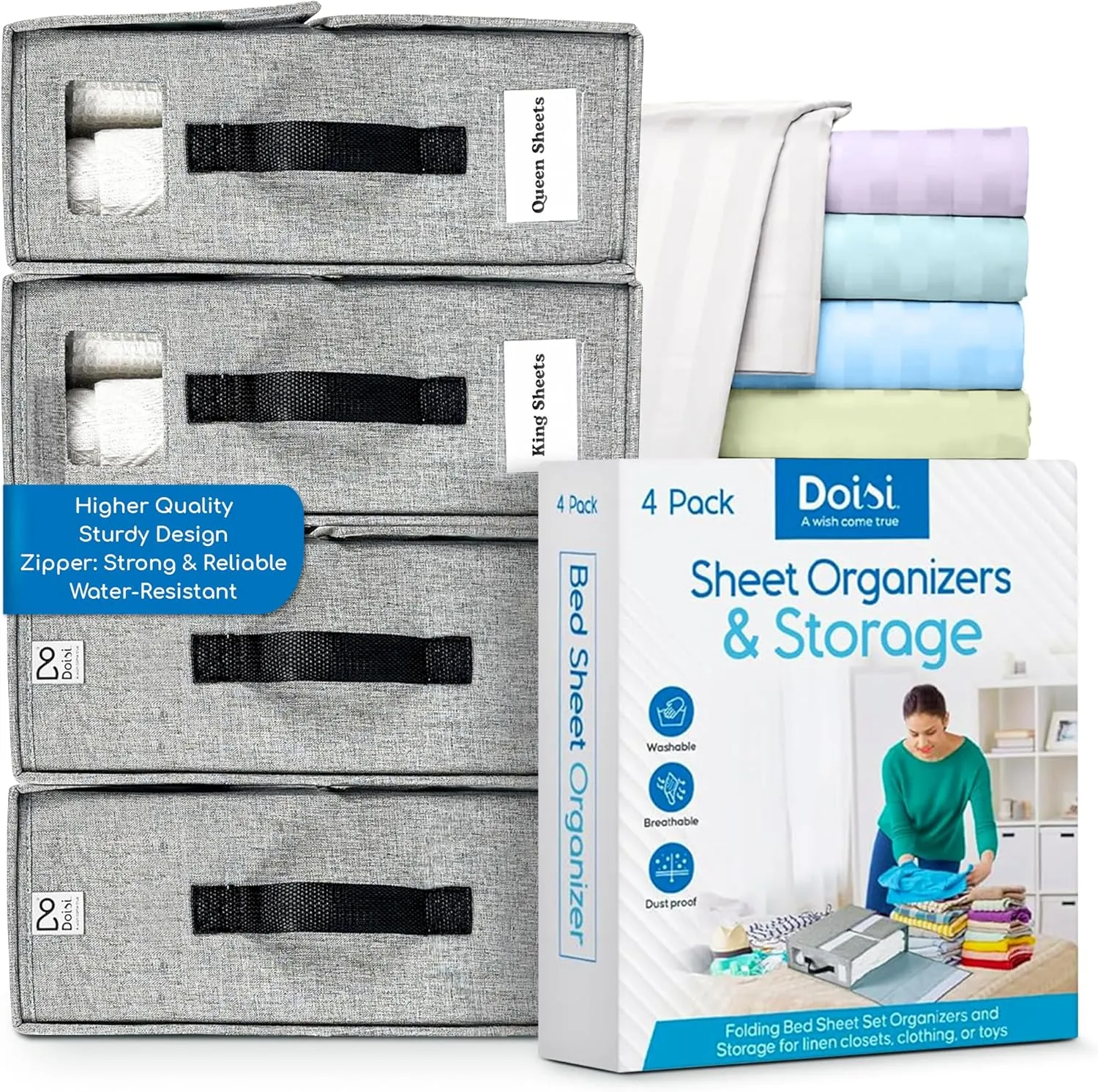 Premium 4 pack Bed Sheet Organizers and Storage – Sturdy Sheets Organizer for Linen Closet – Durable Bedsheet Organizers with Resistant Zipper – Sheet Storage Organizer for King & Queen Sheet Set