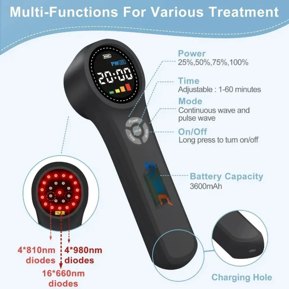 Premium Cold Laser Therapy Device for Pain Relief | 4x808nm & 16x650nm Infrared Light Therapy | Handheld Massager for Arthritis & Muscle Relaxation | Non-Invasive Pain Management