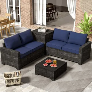 Premium Outdoor Patio Furniture Set with Storage & Glass Table, Patio Conversation Sets with Thick Cushions, 4 Piece Rattan Couch for Garden, Deck, or Balcony