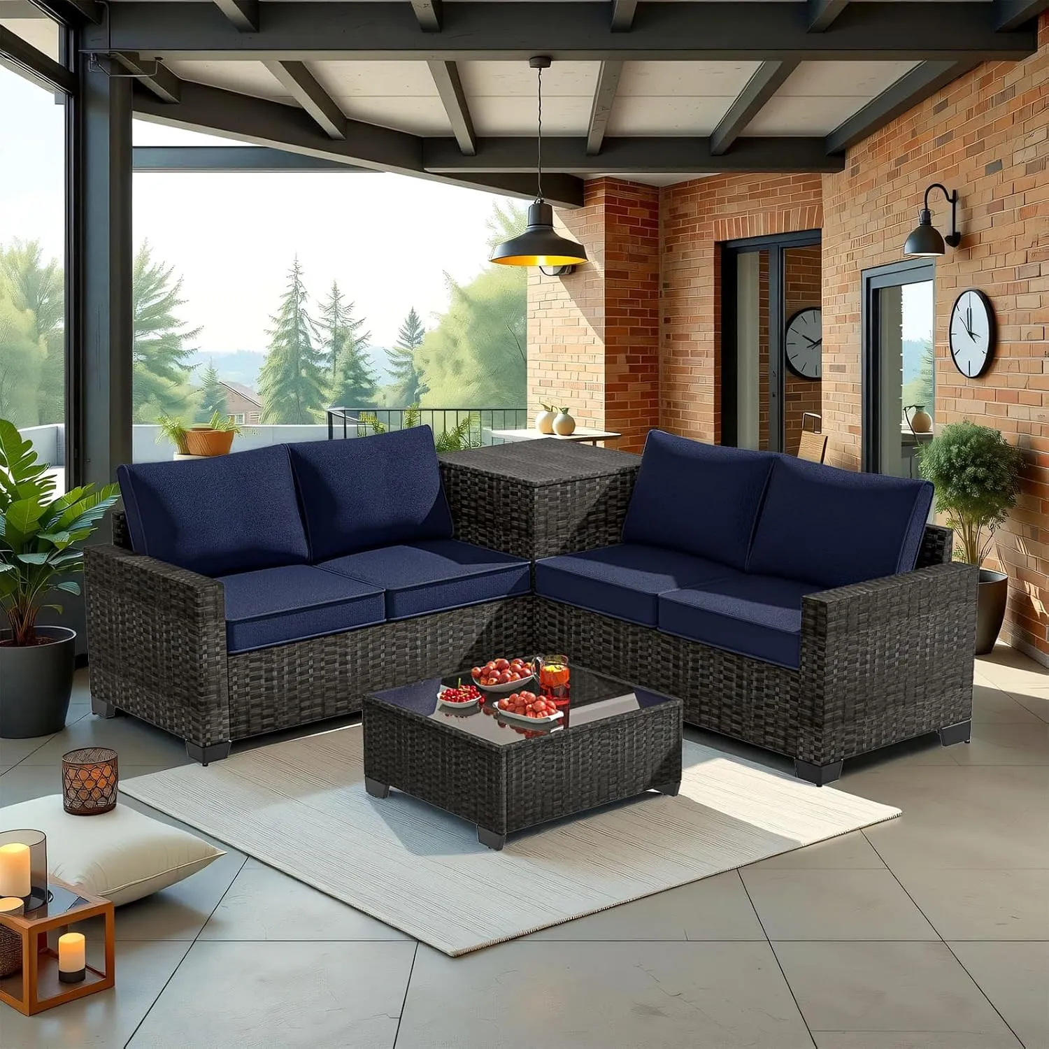 Premium Outdoor Patio Furniture Set with Storage & Glass Table, Patio Conversation Sets with Thick Cushions, 4 Piece Rattan Couch for Garden, Deck, or Balcony