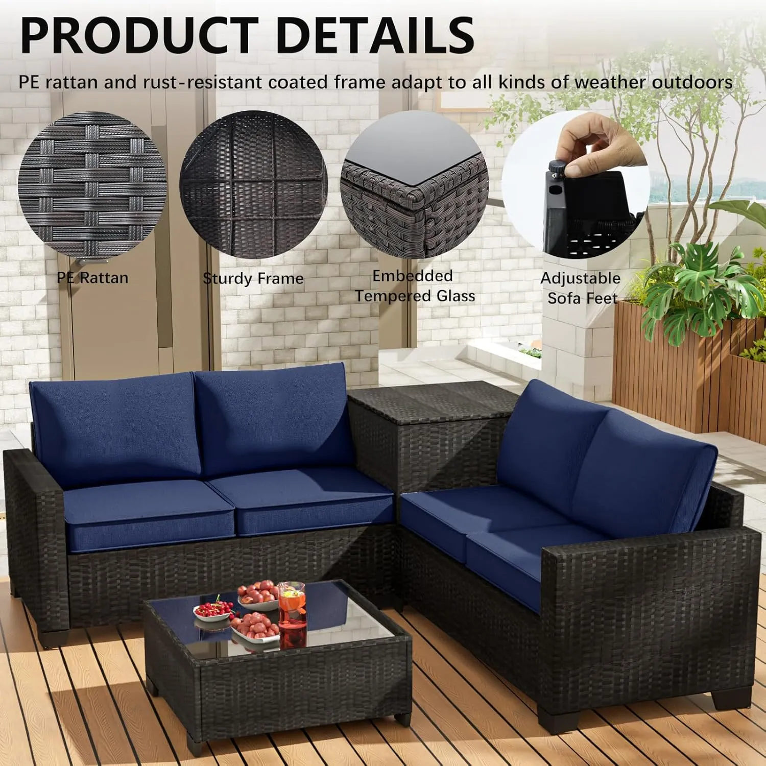Premium Outdoor Patio Furniture Set with Storage & Glass Table, Patio Conversation Sets with Thick Cushions, 4 Piece Rattan Couch for Garden, Deck, or Balcony